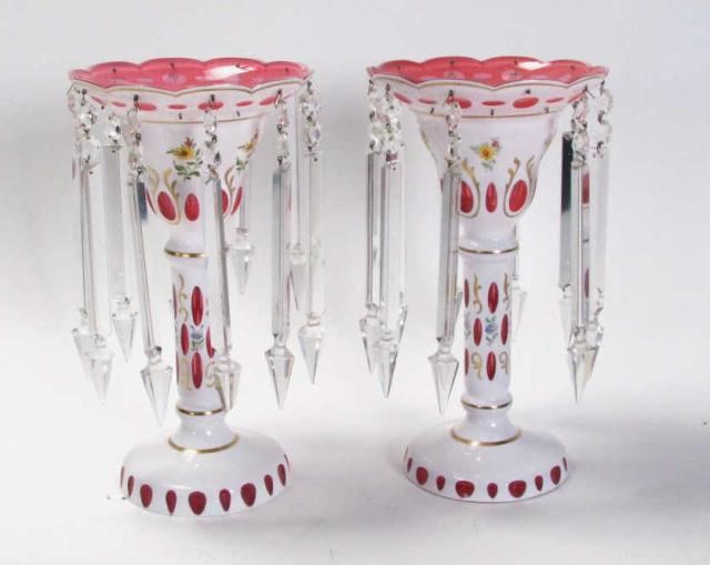 Appraisal: Pair of vintage cased glass lustres with enamel decoration and