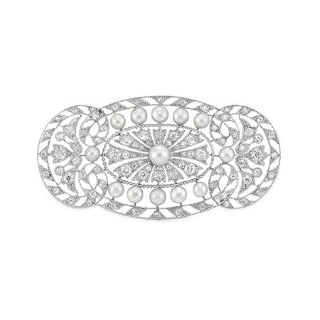 Appraisal: Edwardian Platinum Pearl and Diamond Brooch Estimate -