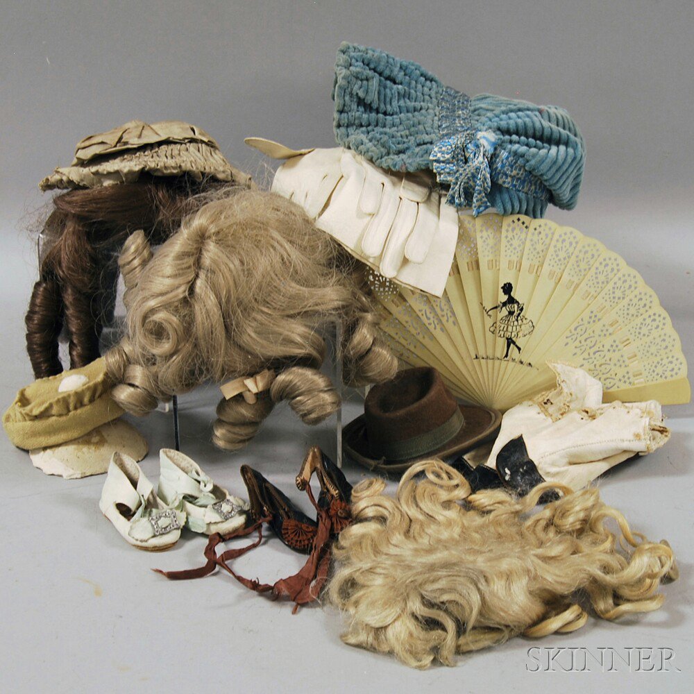 Appraisal: Group of Miscellaneous Hats Wigs and Shoes a doll fan