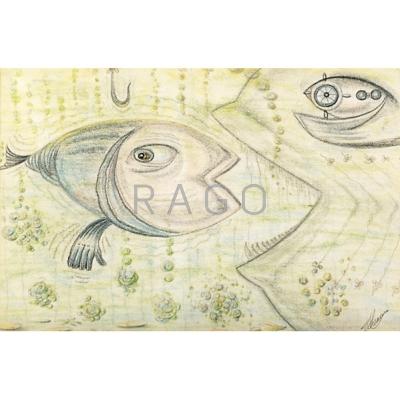 Appraisal: ABSTRACT FISH DRAWING Colored pencil on paper framed Signed illegibly