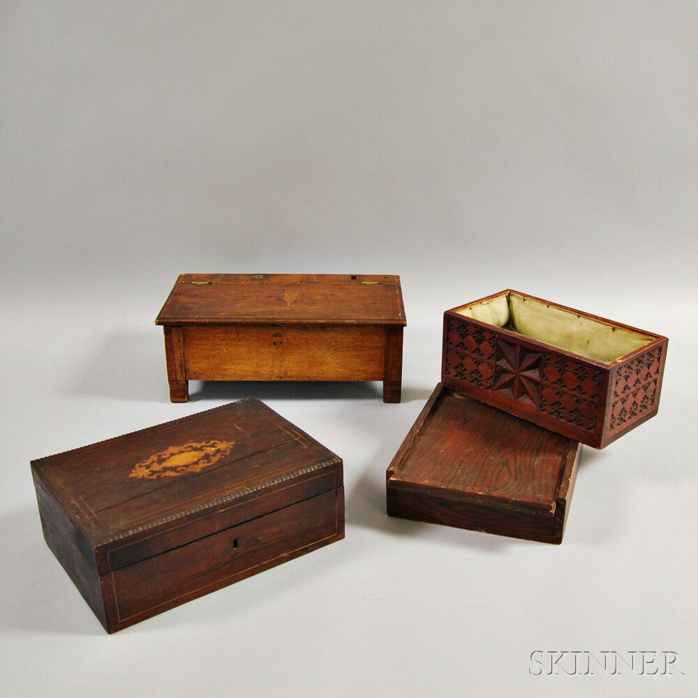 Appraisal: Four Boxes an inlaid rosewood sewing box a grain-painted slide-lid