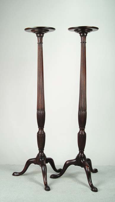 Appraisal: OUTSTANDING PAIR OF ANTIQUE MAHOGANY TORCHERES - dish-carved round top