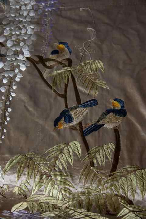 Appraisal: ASIAN EMBROIDERED BED HANGING silk embroidered on silk of egrets