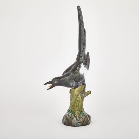 Appraisal: Mintons Majolica Model of a Magpie c perched on a