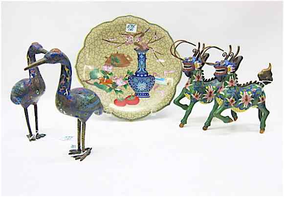 Appraisal: FIVE PIECES CHINESE CLOISONNE ENAMEL pair stylized mythological horned animals