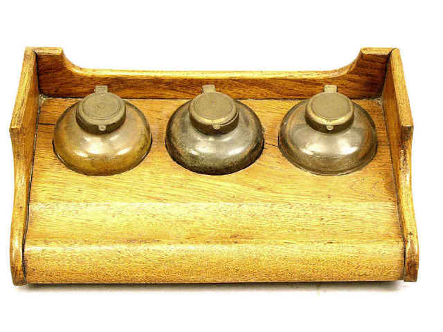 Appraisal: Antique oak desk top inkwell set with original glass inkwells