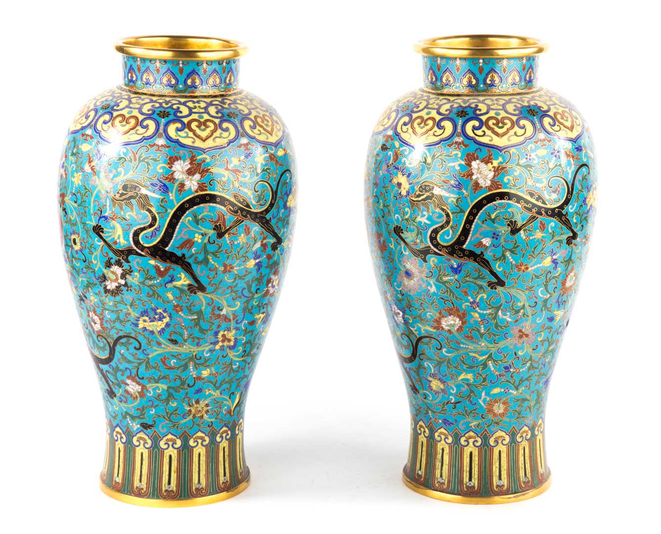 Appraisal: Pair of Chinese cloisonne enamel vases th century dragon and