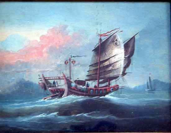 Appraisal: th C Chinese School oil on board Junk at sea