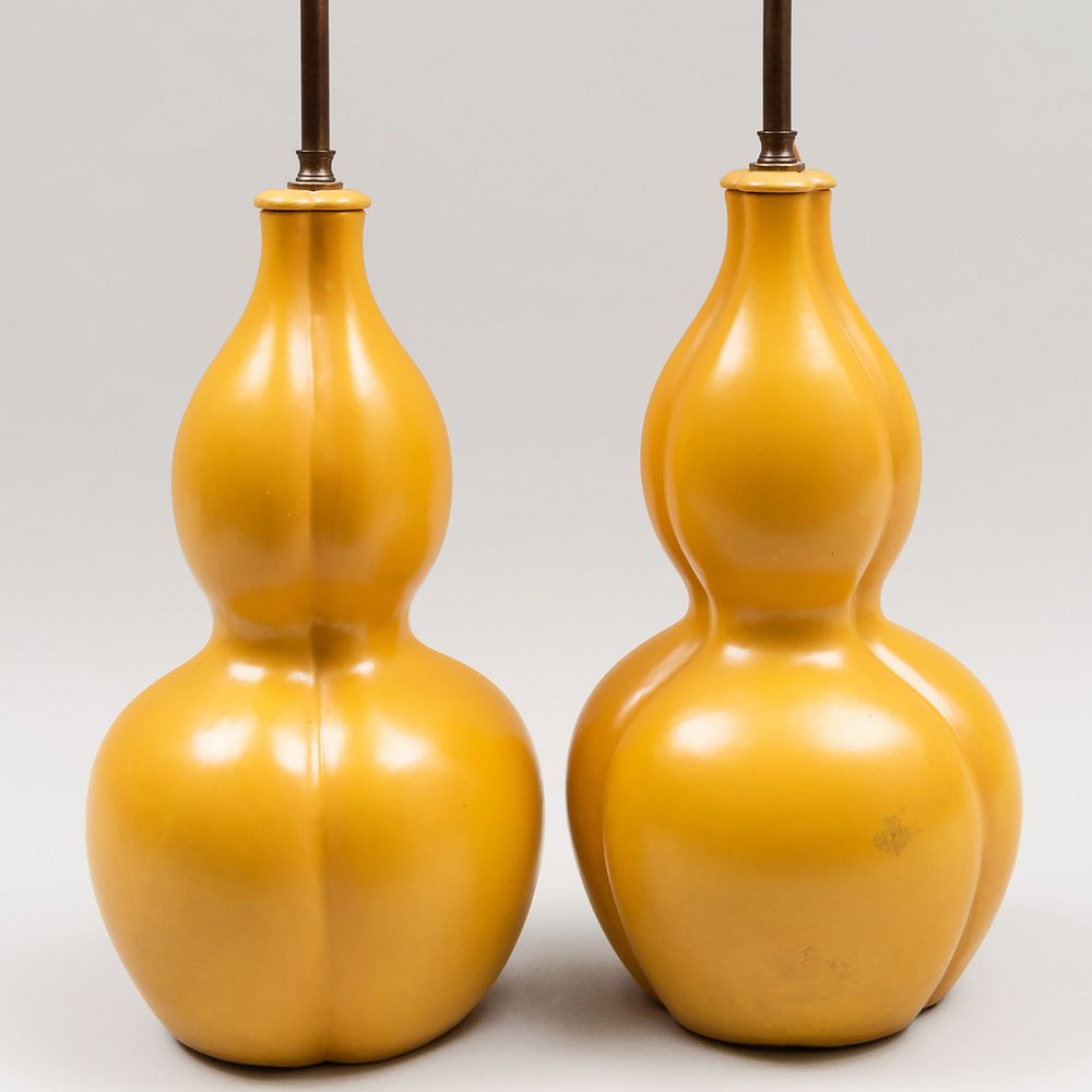 Appraisal: Pair of Chinese Yellow Glazed Porcelain Gourd Form Lamps Blue