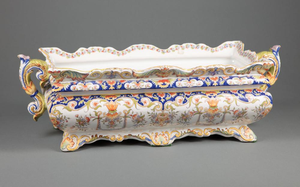 Appraisal: French Polychrome Porcelain Jardiniere scalloped rim scroll handles h in