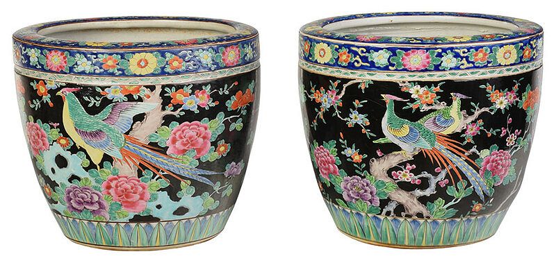 Appraisal: Pair of Chinese Famille Noir Porcelain Planters enamel decorated with