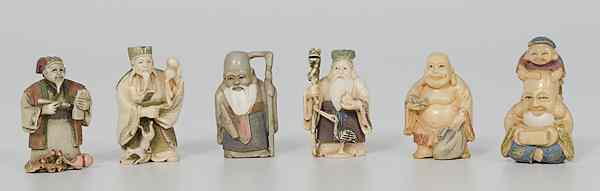 Appraisal: Polychrome Ivory Netsukes Japan An assembled group of six polychrome