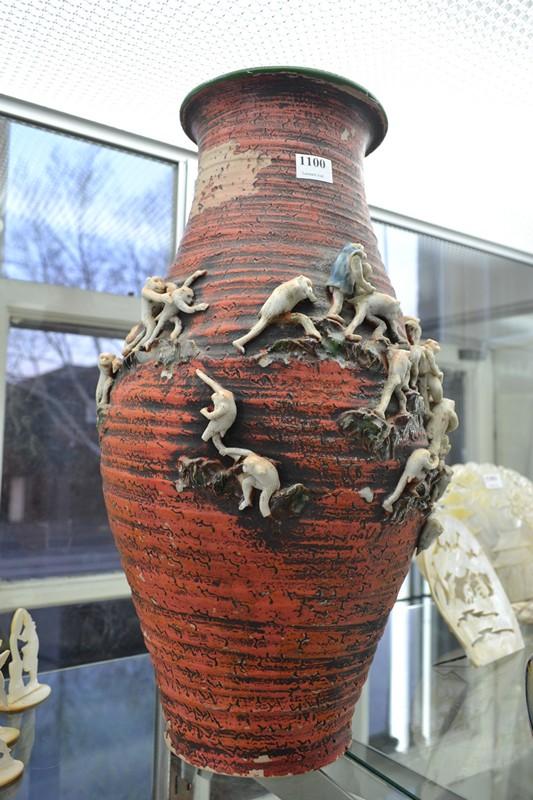 Appraisal: LARGE SUMIDA GAWA VASE WITH APPLIED CLIMBING MONKEYS LOSSES