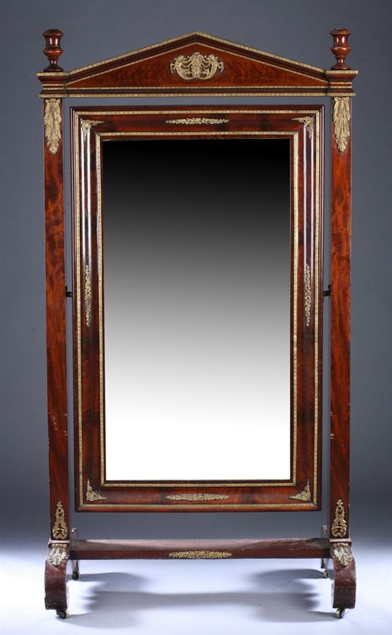 Appraisal: MAHOGANY CHEVAL MIRROR th century with gilt-metal mounts Pedimented top