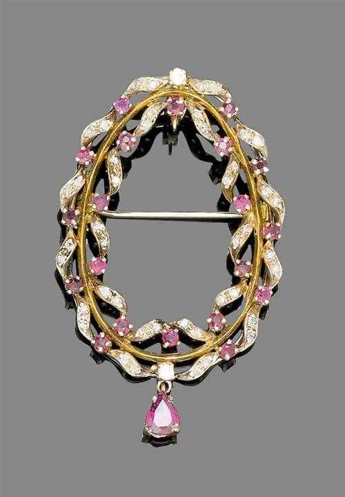 Appraisal: DIAMOND AND RUBY BROOCH PENDANT ca Yellow and white gold