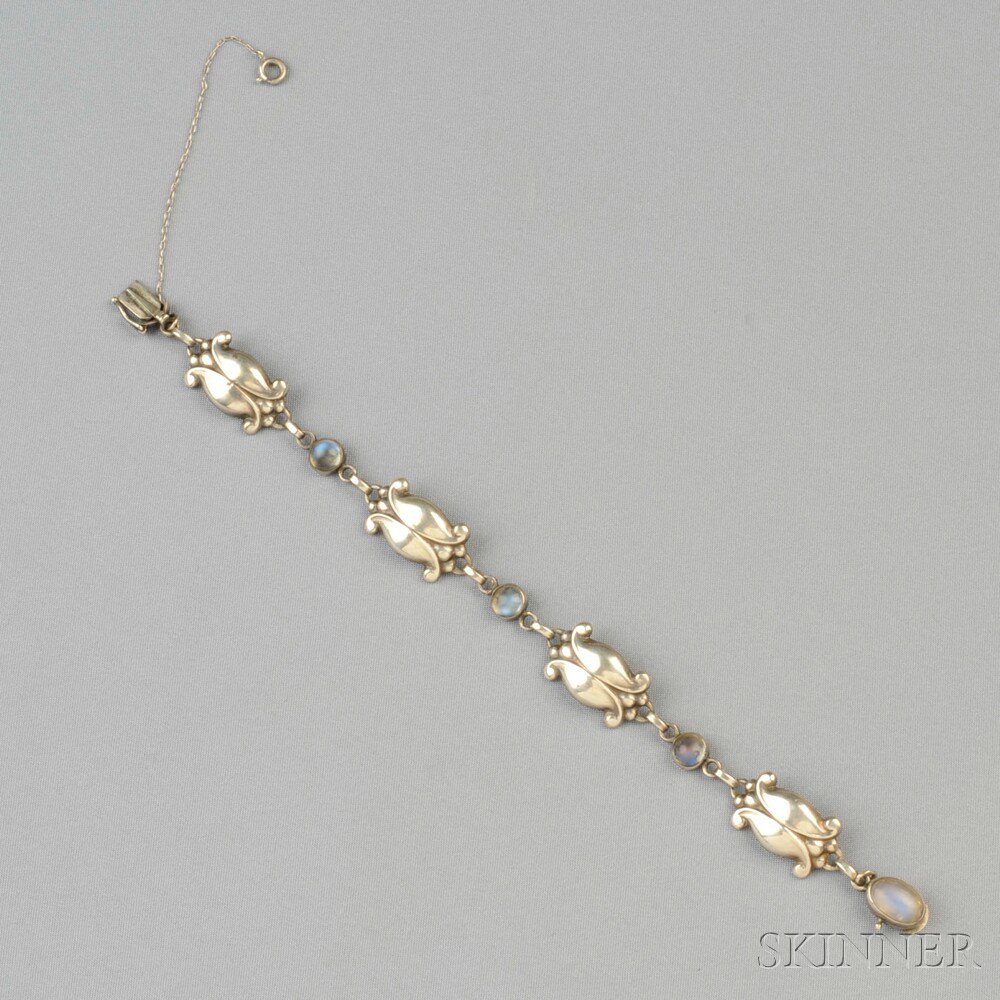 Appraisal: Sterling Silver and Moonstone Bracelet Georg Jensen the bud-form links