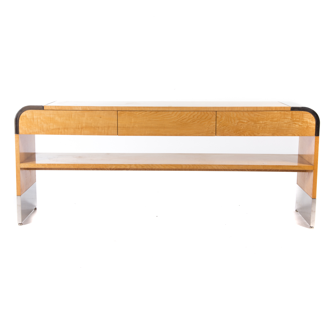 Appraisal: Contemporary tiger maple and chrome sofa table in H in