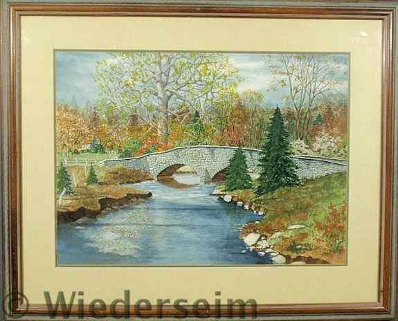 Appraisal: Framed and matted watercolor painting of a stone bridge over