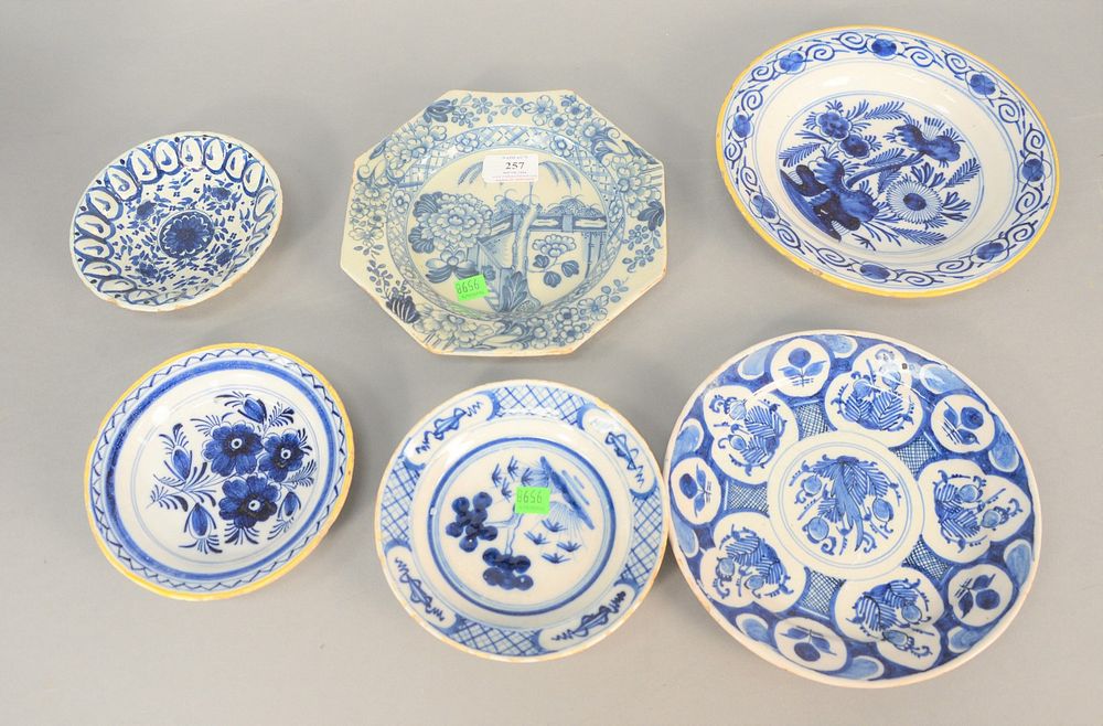 Appraisal: Six blue and white Delft plates two having yellow rims