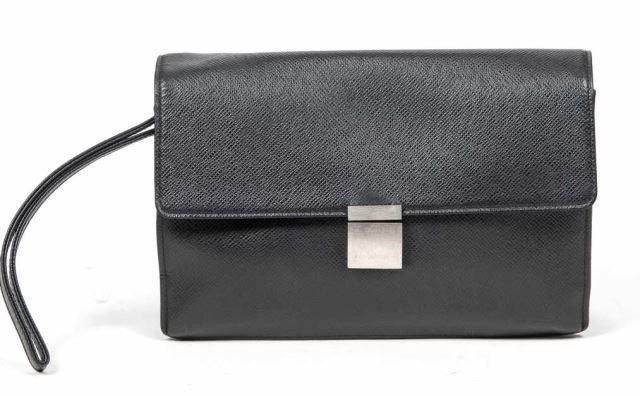 Appraisal: Louis Vuitton Selenga clutch in black Taiga leather with silver-tone