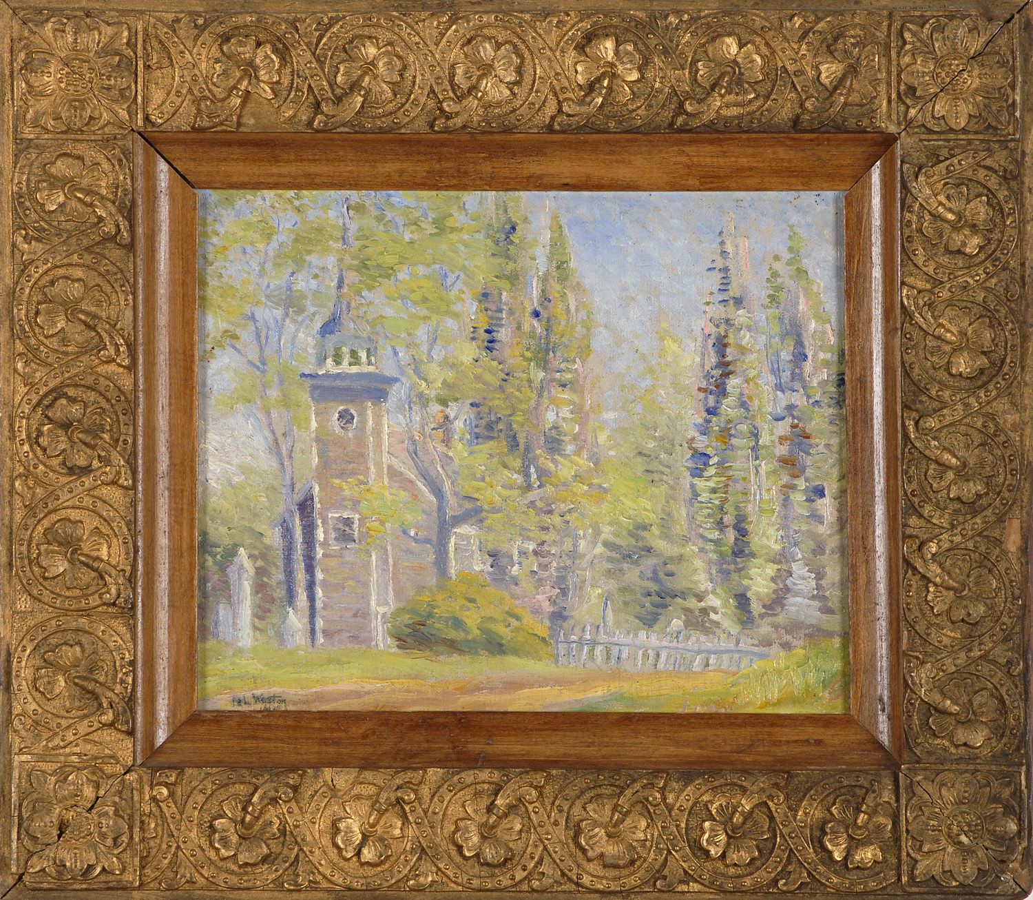 Appraisal: FRAMED PAINTING UNTRACED ARTIST Impressionist landscape with church Signed lower