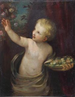 Appraisal: th C Oil on Canvas Cherub with Flowers Unsigned From