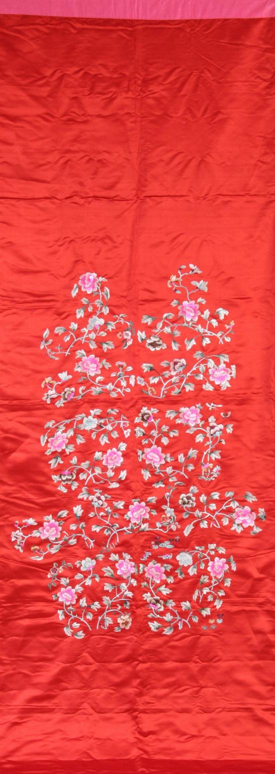 Appraisal: CHINESE RED EMBROIDERED SILK PANEL Worked in satin stitch to