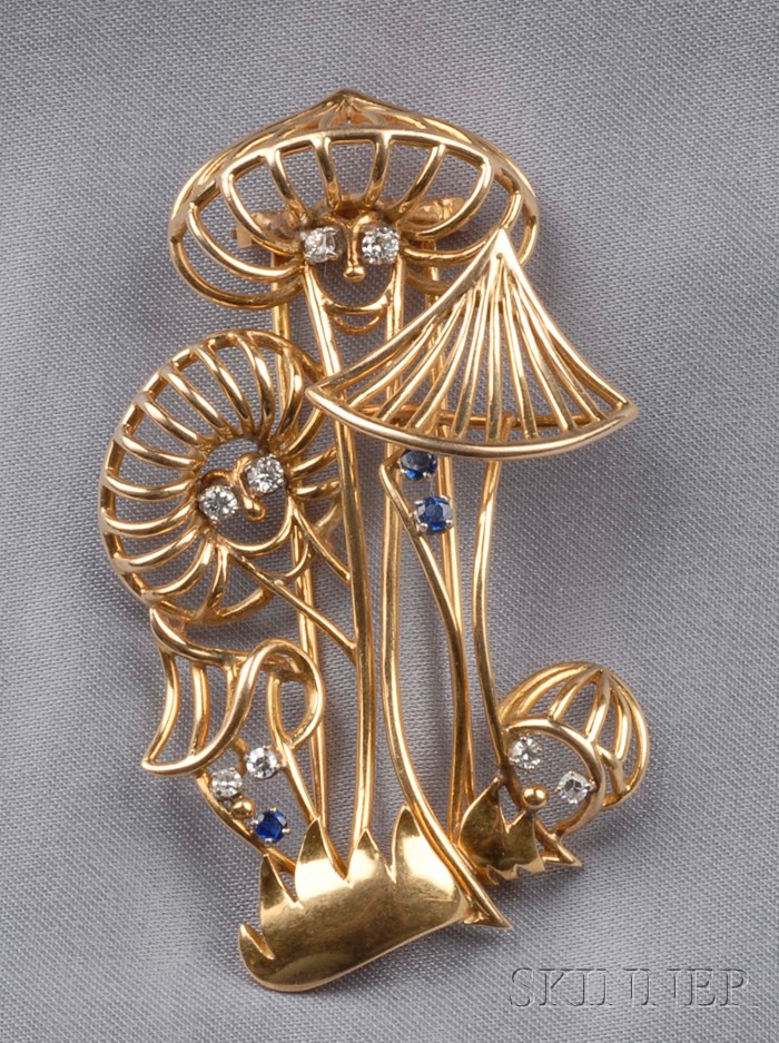 Appraisal: kt Gold Brooch France depicting smiling mushrooms with sapphire and