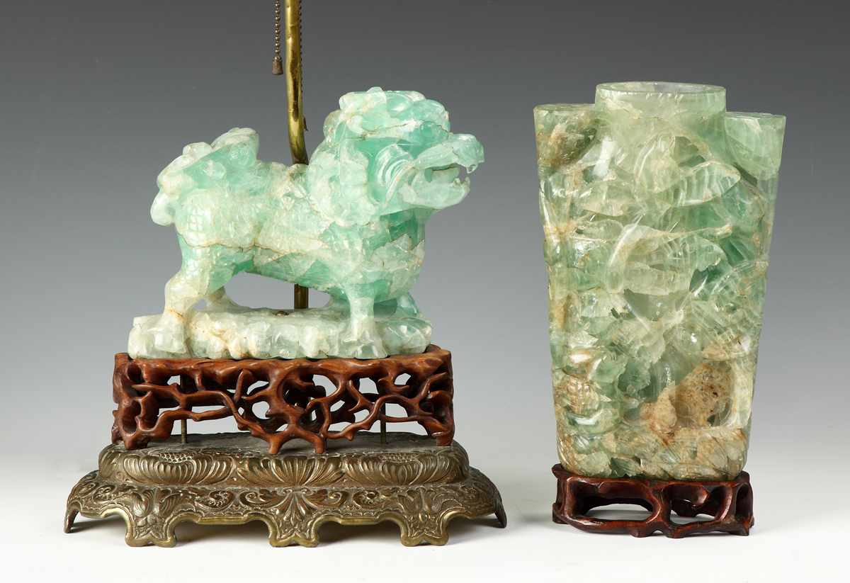 Appraisal: Jade Quartz Lamp Base w Foo DogLate th cent Condition