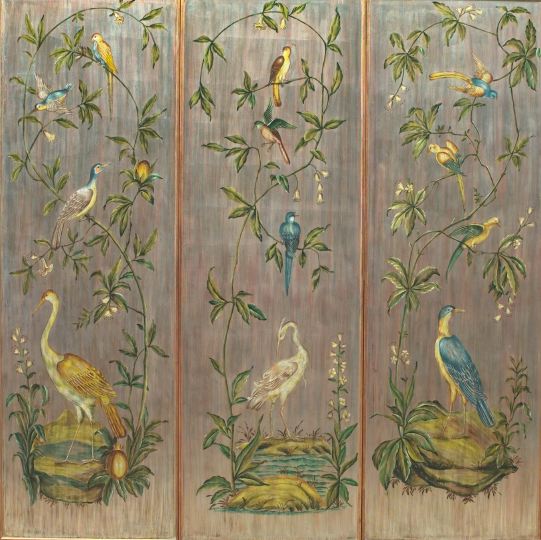 Appraisal: Tall Trio of Polychromed Parcel-Gilt and Silvered Wood Panels featuring