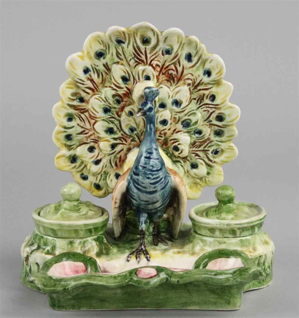 Appraisal: MAJOLICA INK STAND modeled as displaying peacock before a vase