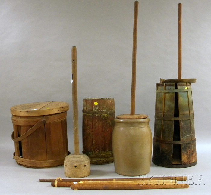 Appraisal: Five Country Domestic Woodenware and Stoneware Items two painted wooden