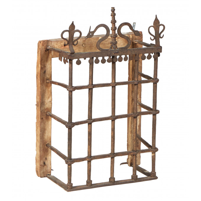 Appraisal: French Wrought Iron and Wood Window Grill th c with