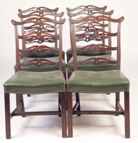 Appraisal: Six Ribbon Back Chippendale Style Chairs With leather seats and