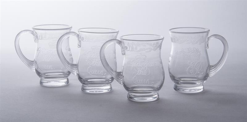 Appraisal: SET OF FOUR ELIZABETH II ENGRAVED GLASS CORONATION MUGS x