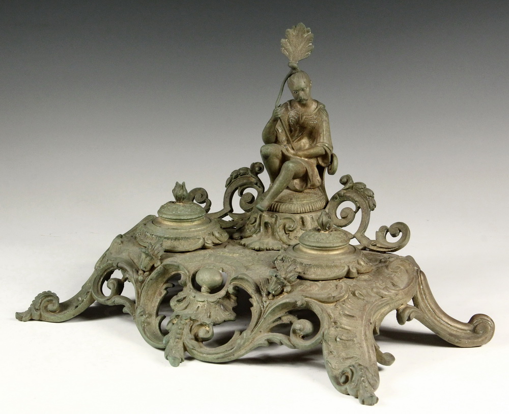 Appraisal: FIGURAL BRONZE INKWELL - Rococo Style Double Inkwell in cast