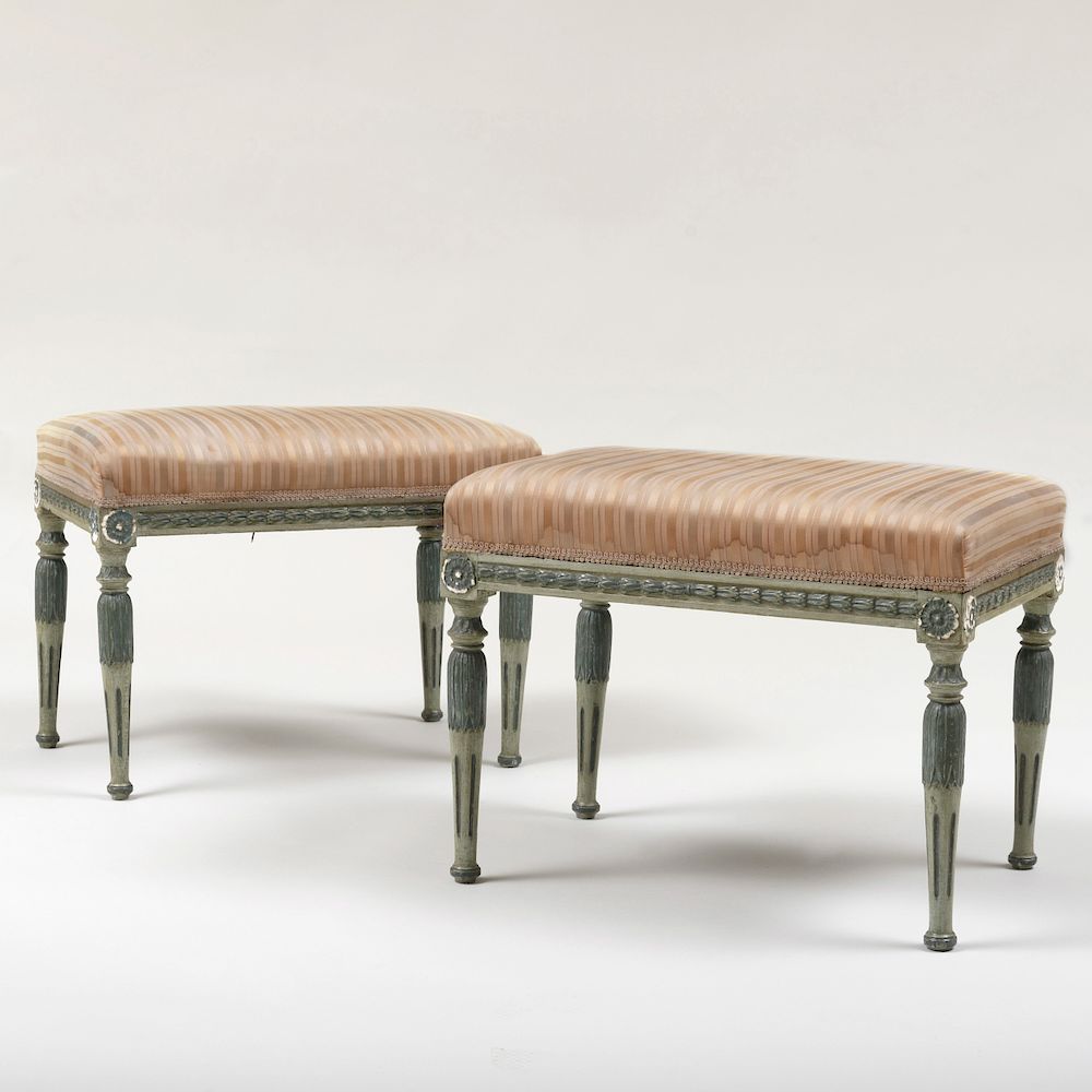 Appraisal: Pair of Directoire Painted Tabourets Each fitted with an upholstered