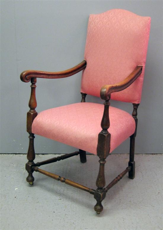 Appraisal: th century style oak hump back upholstered open armchair