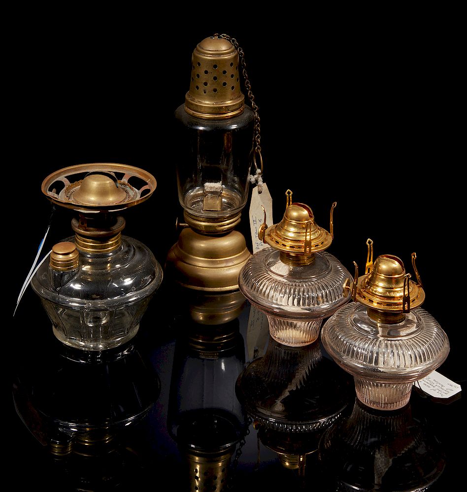 Appraisal: Four Kerosene Lamps Lot of four lamps comprising three glass