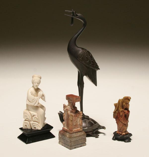 Appraisal: Lot of four Asian items including a bronze stork standing