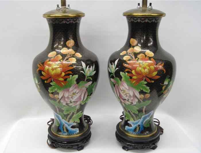 Appraisal: PAIR CHINESE CLOISONNE TABLE LAMPS having colorful floral decoration on