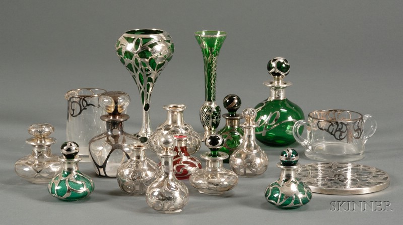 Appraisal: Seventeen Silver Overlay Items Glass and silver th century Comprising