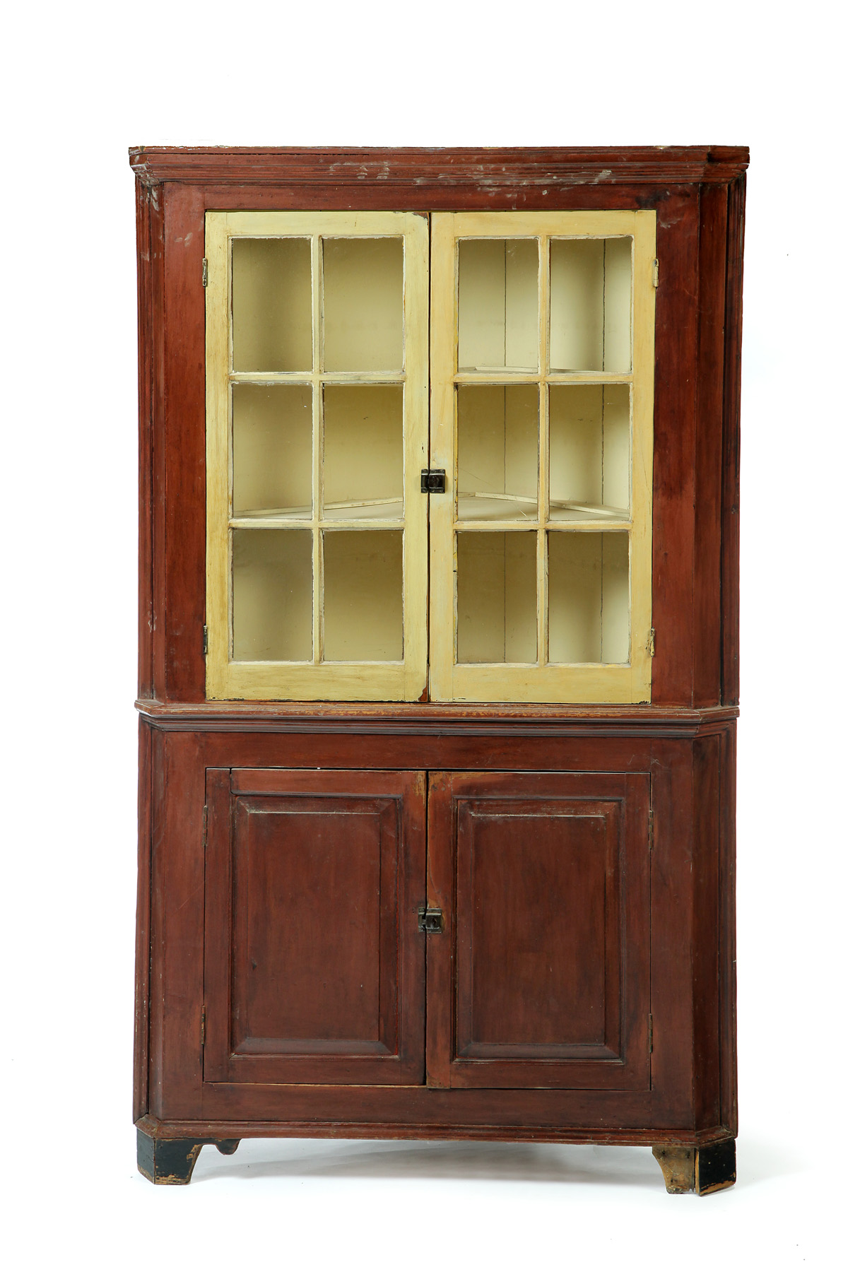 Appraisal: AMERICAN DECORATED CORNER CUPBOARD Mid th century pine One-piece cupboard