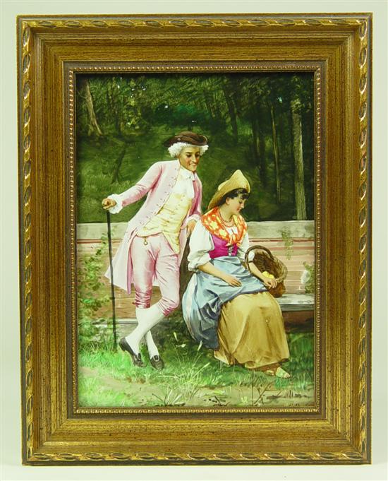 Appraisal: Hand Painted Porcelain Tile Park scene of lady on bench