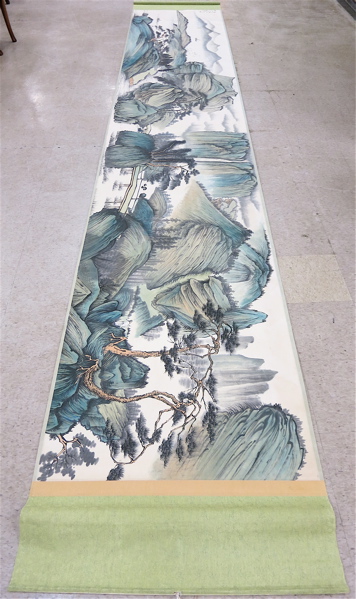 Appraisal: PANORAMIC CHINESE WATERCOLOR ON PAPER SCROLL landscape with rivers and