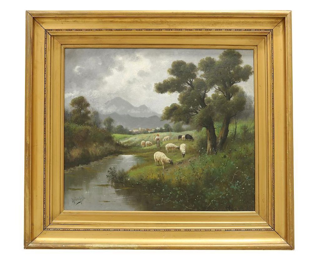 Appraisal: M Zampella Italian Oil Painting of Sheep by Stream Oil