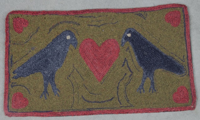 Appraisal: Hooked Rug with Hearts Crows th century Having thin brick