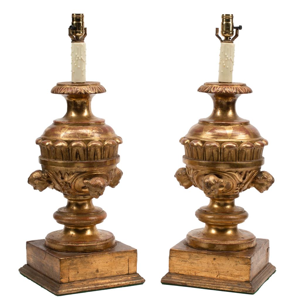 Appraisal: Pair of Italian Renaissance-Style Carved Giltwood Urns now mounted as