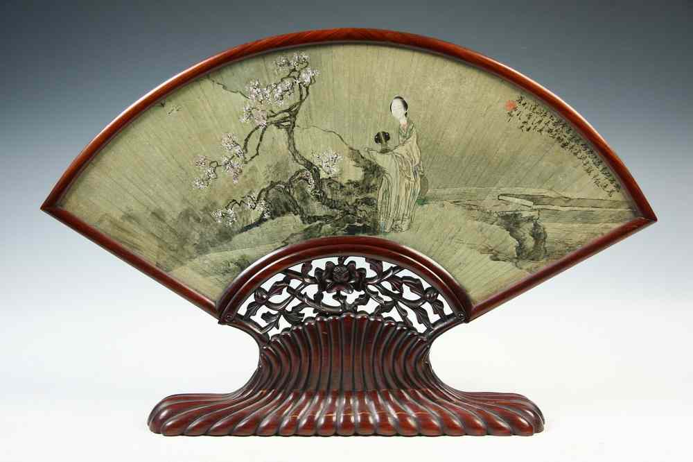 Appraisal: CHINESE HANDFAN IN CUSTOM STAND - th c Chinese Painted