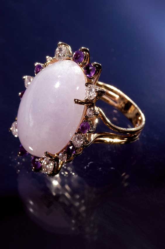 Appraisal: LAVENDER JADE DIAMOND AMETHYST RING Large lavender jade oval cabochon